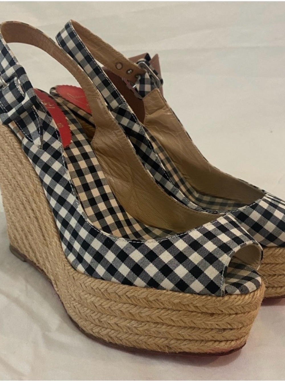 Christian Louboutin Black and White Gingham Espadrille Wedge Slingback - Picture 2 of 4